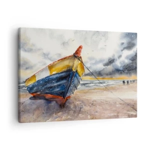 Obraz na plátně - Malebná loď na pláži pod zataženou oblohou - 70x50cm - Odpočinek na břehu - Moderní nástěnná dekorace do obývacího pokoje a ložnice ARTTOR