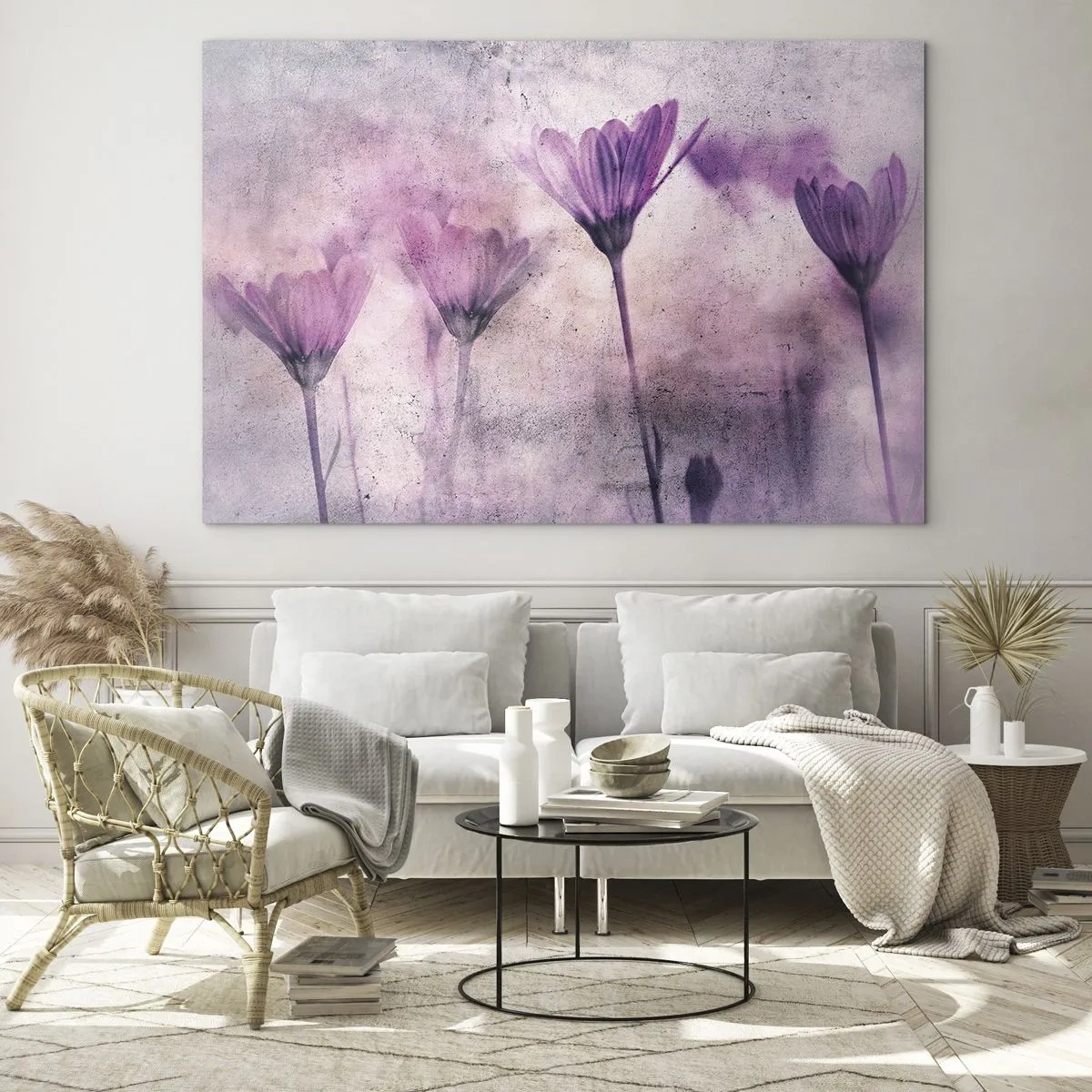 Obraz na skle - Jemné květiny v pastelových odstínech fialové - 70x50cm - Sen květin - Moderní nástěnná dekorace do obývacího pokoje a ložnice ARTTOR