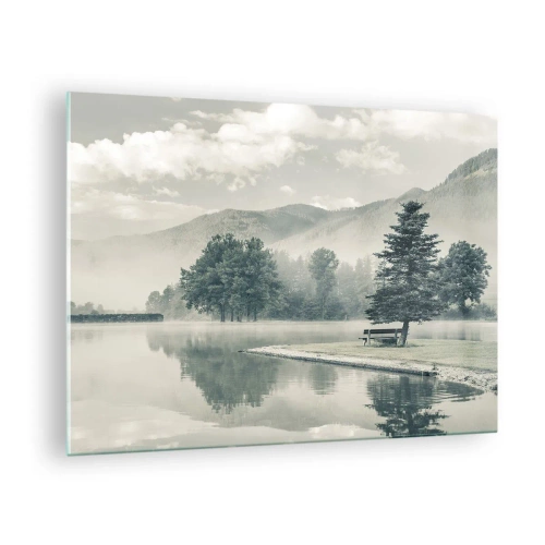Obraz na skle - Klidné jezero ráno s lavičkou a mlhou nad vodou - 70x50cm - Jezero ještě spí - Moderní nástěnná dekorace do obývacího pokoje a ložnice ARTTOR