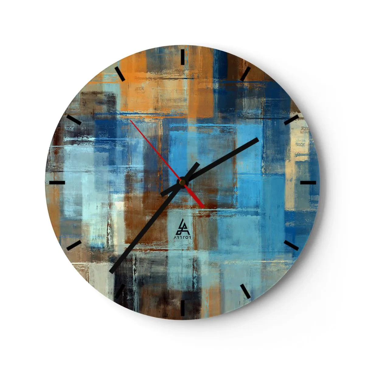 Nástěnné hodiny - Abstraktní obdélníky v odstínech modré a hnědé - 30x30cm - Přes modrý závoj - Moderní nástěnná dekorace do obývacího pokoje, kuchyně a ložnice ARTTOR