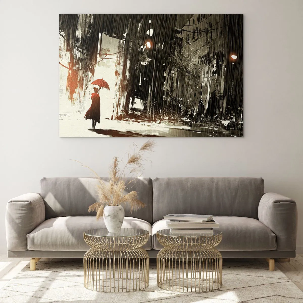 Obraz na skle - Osoba s červeným deštníkem v dešti na tmavém pozadí města. - 70x50cm - Poezie červeného deštníku - Moderní nástěnná dekorace do obývacího pokoje a ložnice ARTTOR