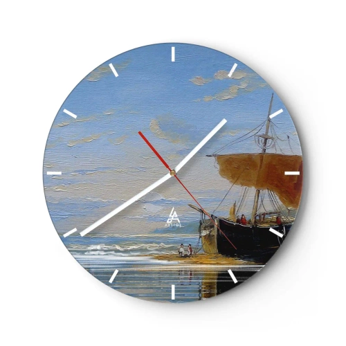 Nástěnné hodiny - Plachetnice na břehu s lidmi na pozadí oblohy a moře - 30x30cm - Voda, země, vzduch - Moderní nástěnná dekorace do obývacího pokoje, kuchyně a ložnice ARTTOR