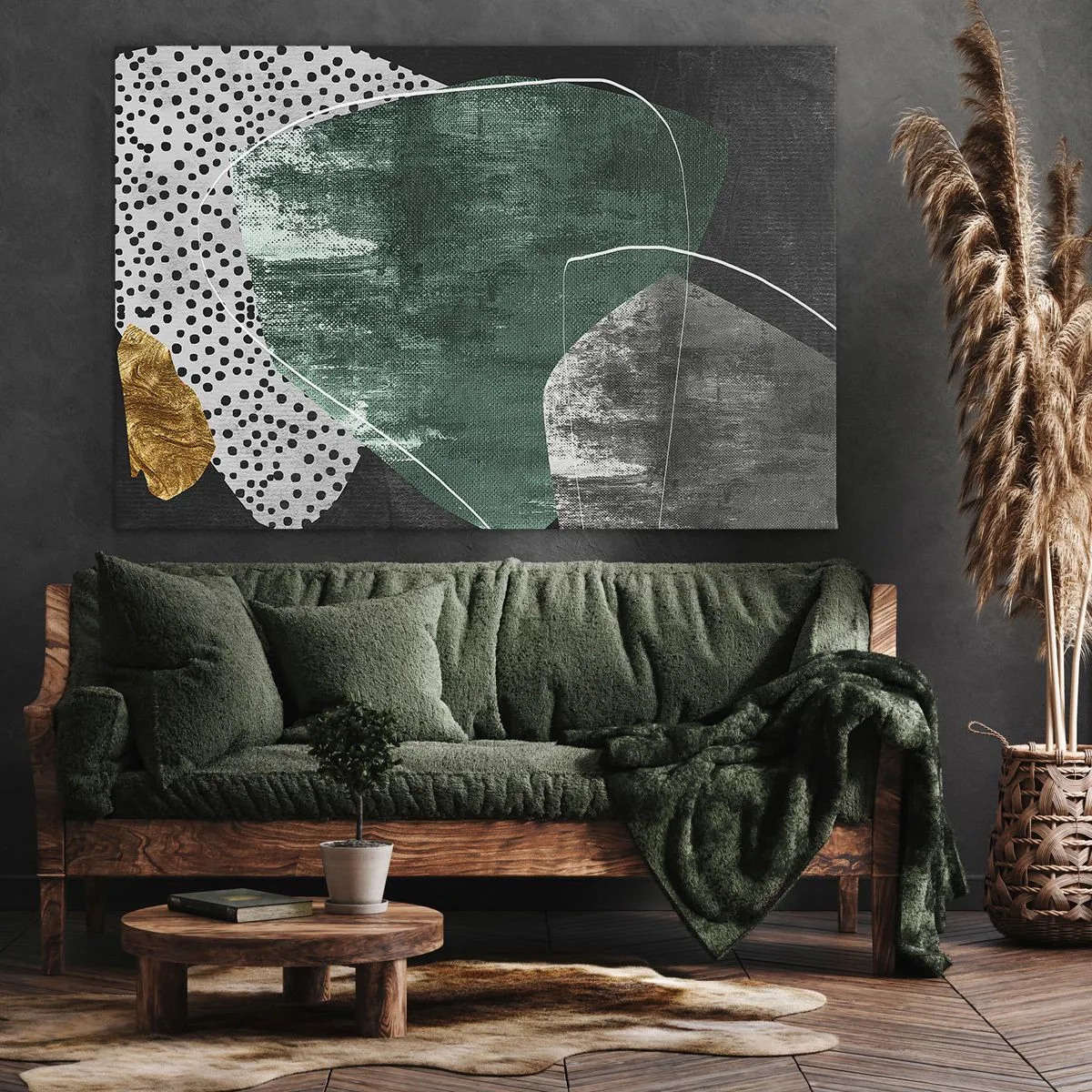 Obraz na plátně - Abstraktní kompozice se zelenými tvary a tečkovanými vzory - 70x50cm - Barevná abstrakce se zlatou vločkou - Moderní nástěnná dekorace do obývacího pokoje a ložnice ARTTOR