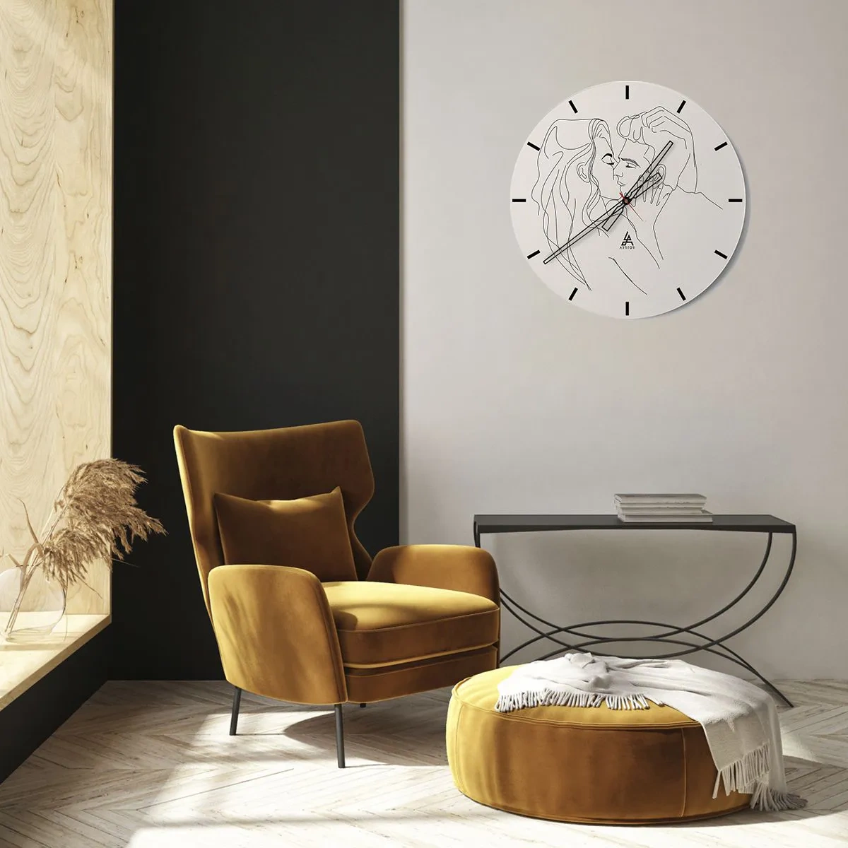 Nástěnné hodiny - Minimalistická karikatura zamilovaného páru - 30x30cm - Zamotaní citem - Moderní nástěnná dekorace do obývacího pokoje, kuchyně a ložnice ARTTOR