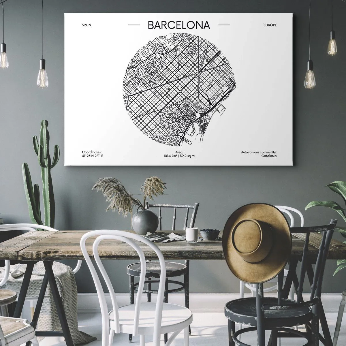 Obraz na plátně - Mapa Barcelony v minimalistickém černobílém stylu - 70x50cm - Anatomie Barcelony - Moderní nástěnná dekorace do obývacího pokoje a ložnice ARTTOR