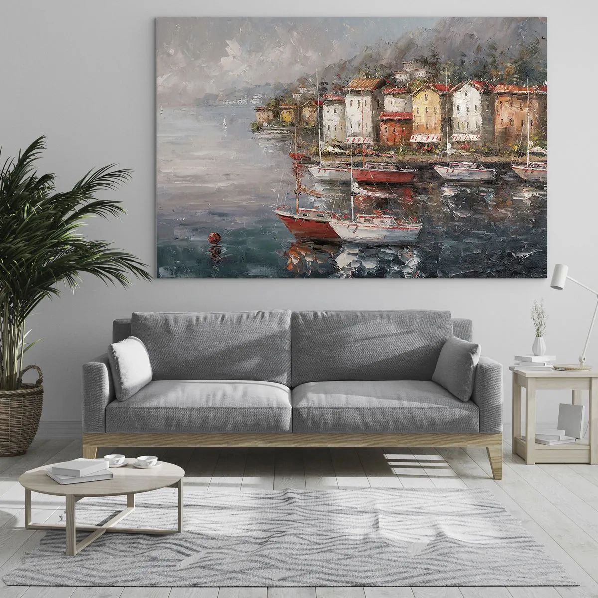 Obraz na skle - Malebný přístav s plachetnicemi a barevnými domy - 70x50cm - Romantický přístav - Moderní nástěnná dekorace do obývacího pokoje a ložnice ARTTOR