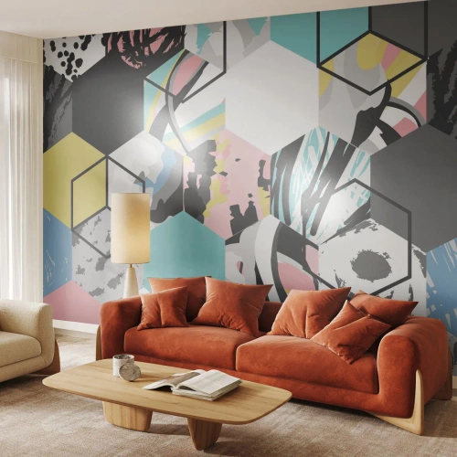 Fototapeta Standard Eco - Šestiúhelníky a krychle v šesti barvách - Abstrakce, Kus, Moderní vzor - 350x256 cm