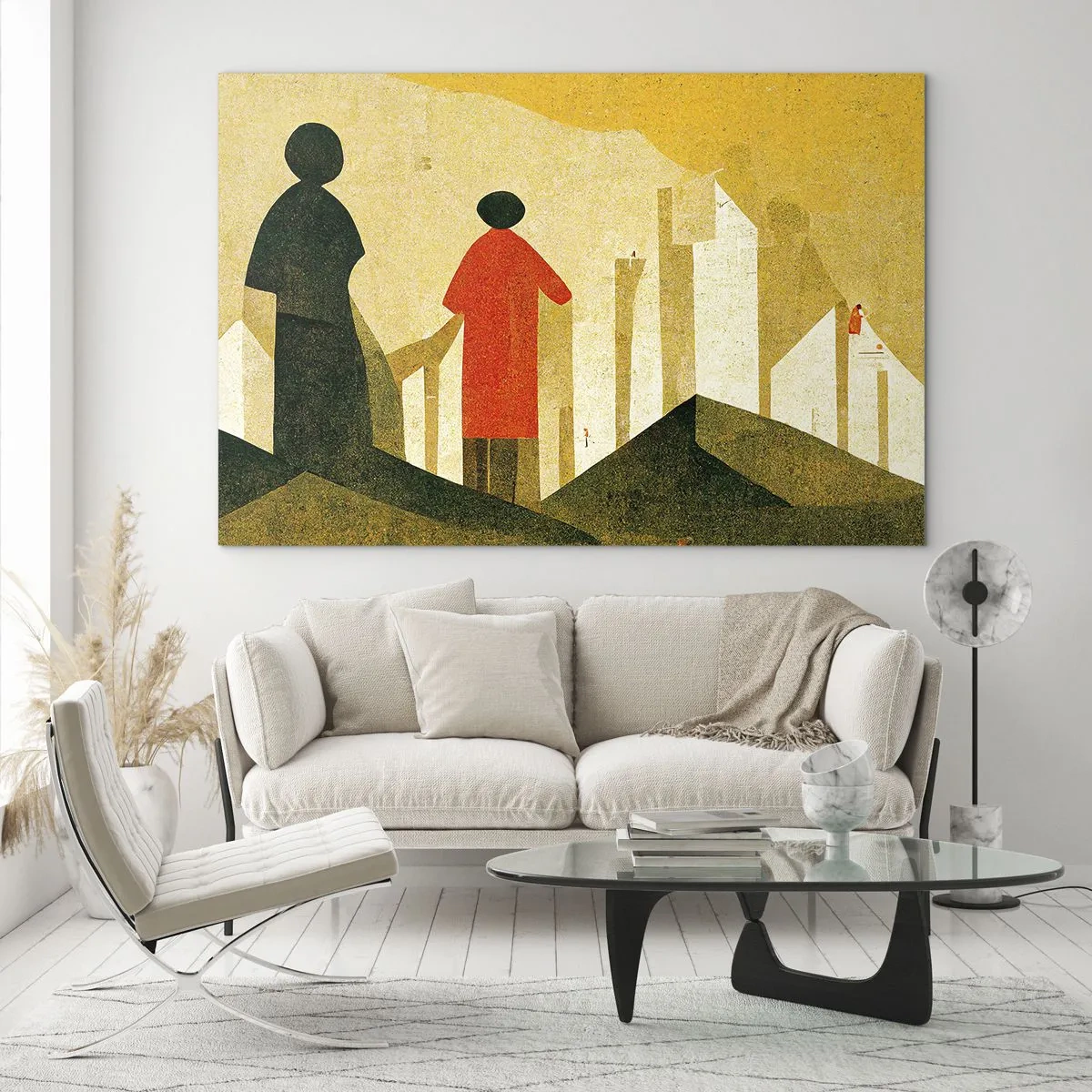 Obraz na skle - Geometrické siluety postav mezi vysokými formami na pozadí žluté oblohy - 70x50cm - Ještě hodně daleko - Moderní nástěnná dekorace do obývacího pokoje a ložnice ARTTOR
