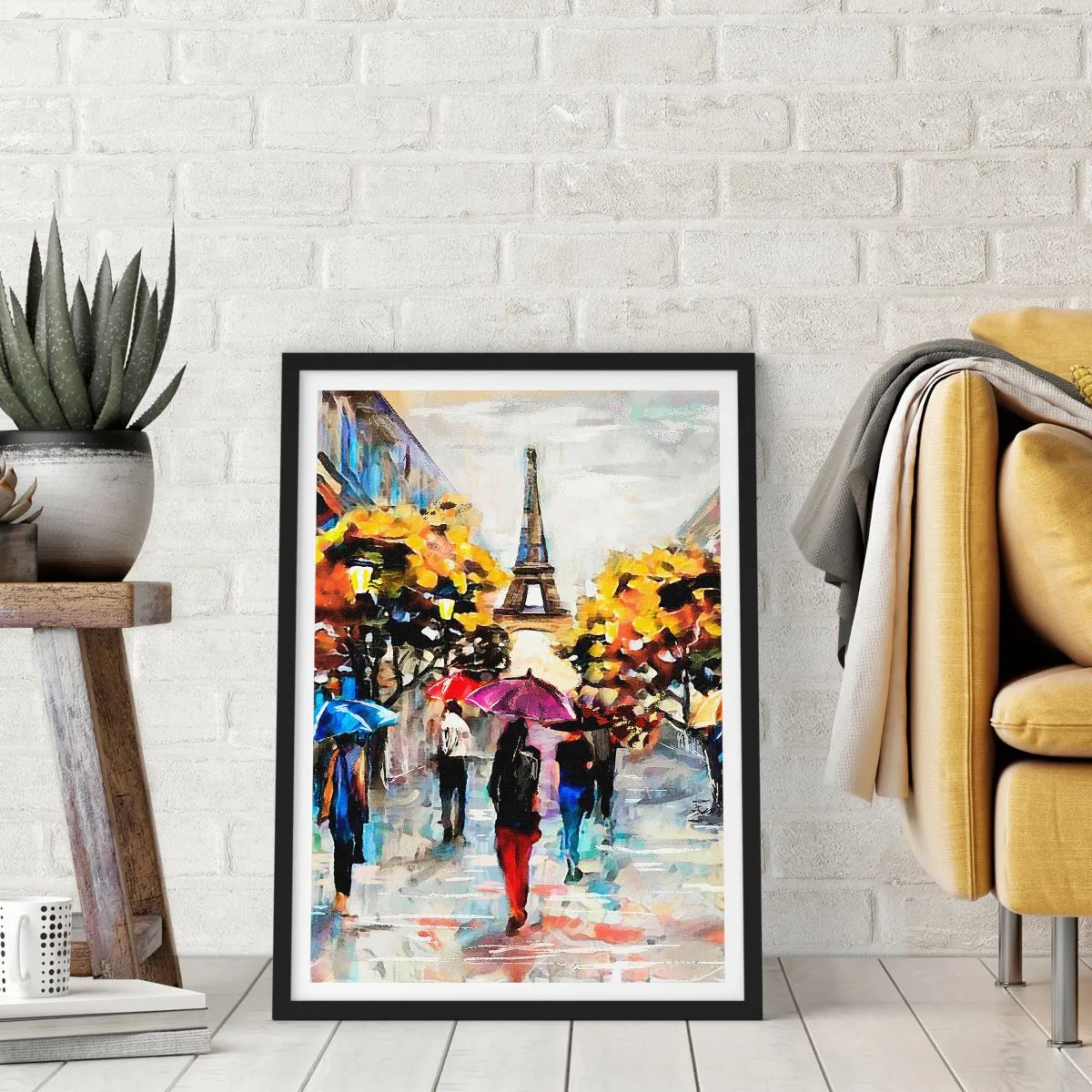 Plakát v černém rámu - Eiffelova věž v podzimní krajině s barevnými deštníky - 50x70cm - Na podzim zvlášť krásný - Moderní nástěnná dekorace do obývacího pokoje a ložnice ARTTOR
