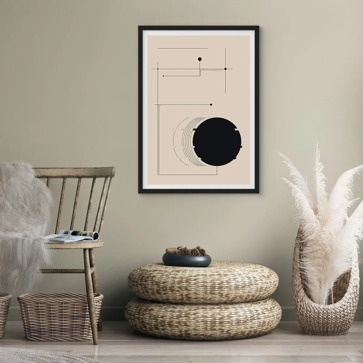 Plakát v černém rámu - Minimalistická geometrická kompozice na béžovém pozadí - 50x70cm - Pružná a dynamická kompozice - Moderní nástěnná dekorace do obývacího pokoje a ložnice ARTTOR