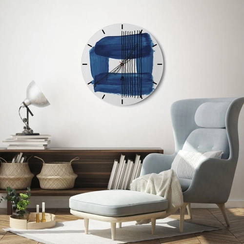 Nástěnné hodiny - Abstraktní motiv s modrou barvou a černými linkami - 30x30cm - Modročerná kompozice - Moderní nástěnná dekorace do obývacího pokoje, kuchyně a ložnice ARTTOR