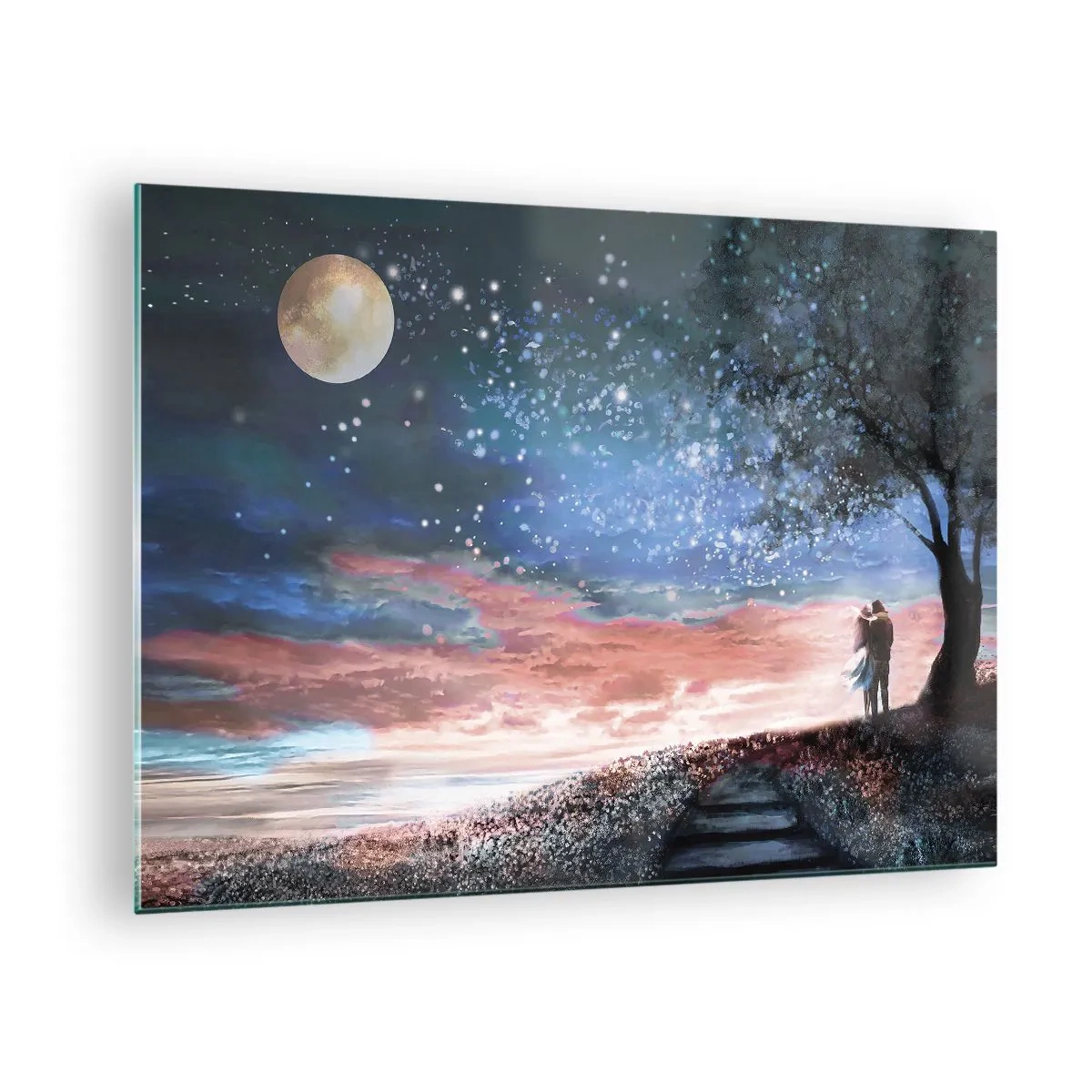 Obraz na skle - Zamilovaný pár pod stromem s měsícem a hvězdami - 70x50cm - Hvězdicovité představení - Moderní nástěnná dekorace do obývacího pokoje a ložnice ARTTOR