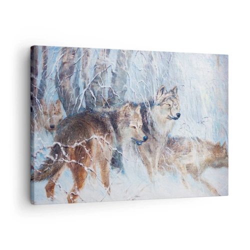Obraz na plátně - Vlci v zimním lese na zasněženém pozadí - 70x50cm - Pozor! Přichází… - Moderní nástěnná dekorace do obývacího pokoje a ložnice ARTTOR