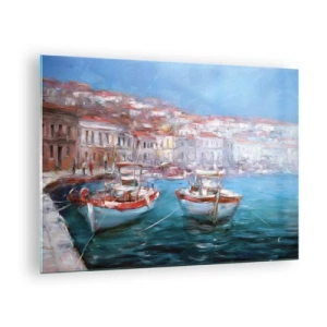 Obraz na skle - Rybářský přístav s loděmi na pozadí italských budov a modré oblohy - 70x50cm - Italský záliv - Moderní nástěnná dekorace do obývacího pokoje a ložnice ARTTOR