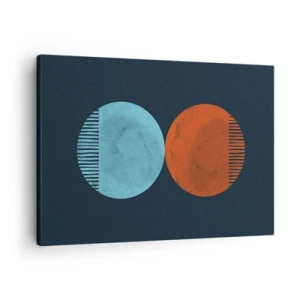 Obraz na plátně - Minimalistický design dvou kol v modré a oranžové barvě - 70x50cm - Pouze geometrie? - Moderní nástěnná dekorace do obývacího pokoje a ložnice ARTTOR