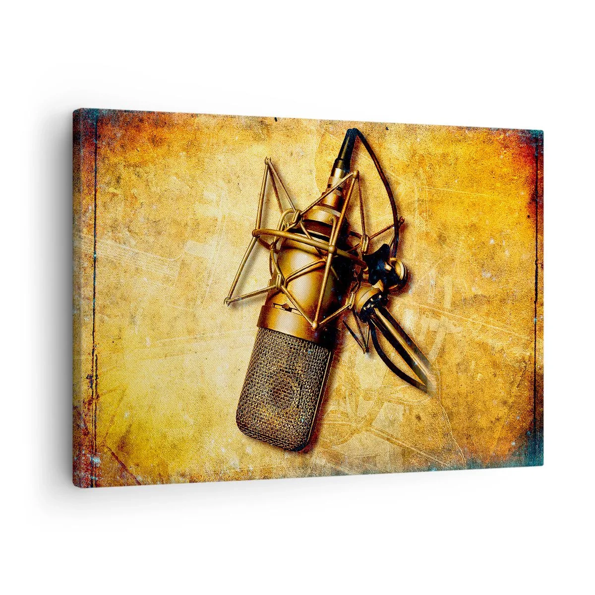 Obraz na plátně - Zlatý studiový mikrofon na vintage pozadí v teplých tónech. - 70x50cm - Zlaté roky rádia - Moderní nástěnná dekorace do obývacího pokoje a ložnice ARTTOR