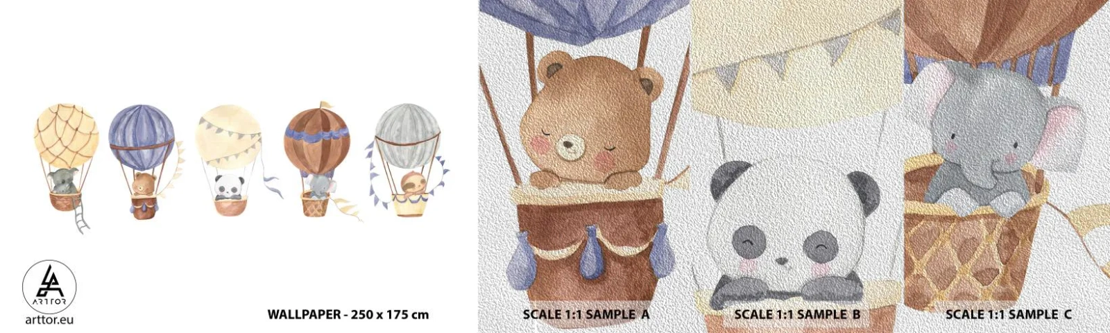 Vzor Fototapety Premium Sand - Přátelé na cestách - Balónky, Zvířata, Dětské - 100x30 cm