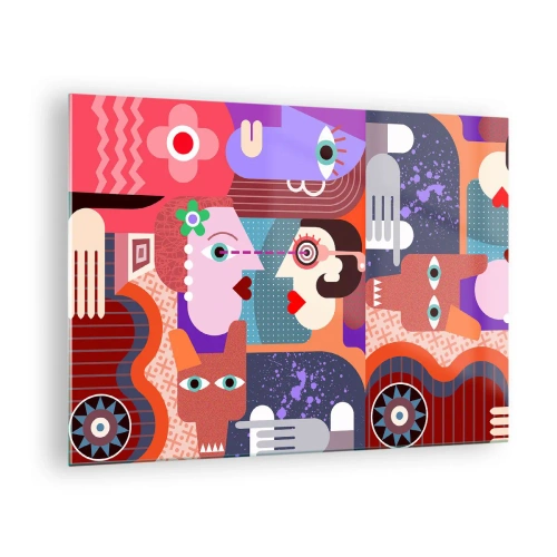 Obraz na skle - Abstraktní kompozice tváří a tvarů v intenzivních barvách. - 70x50cm - Tváří v tvář - Moderní nástěnná dekorace do obývacího pokoje a ložnice ARTTOR