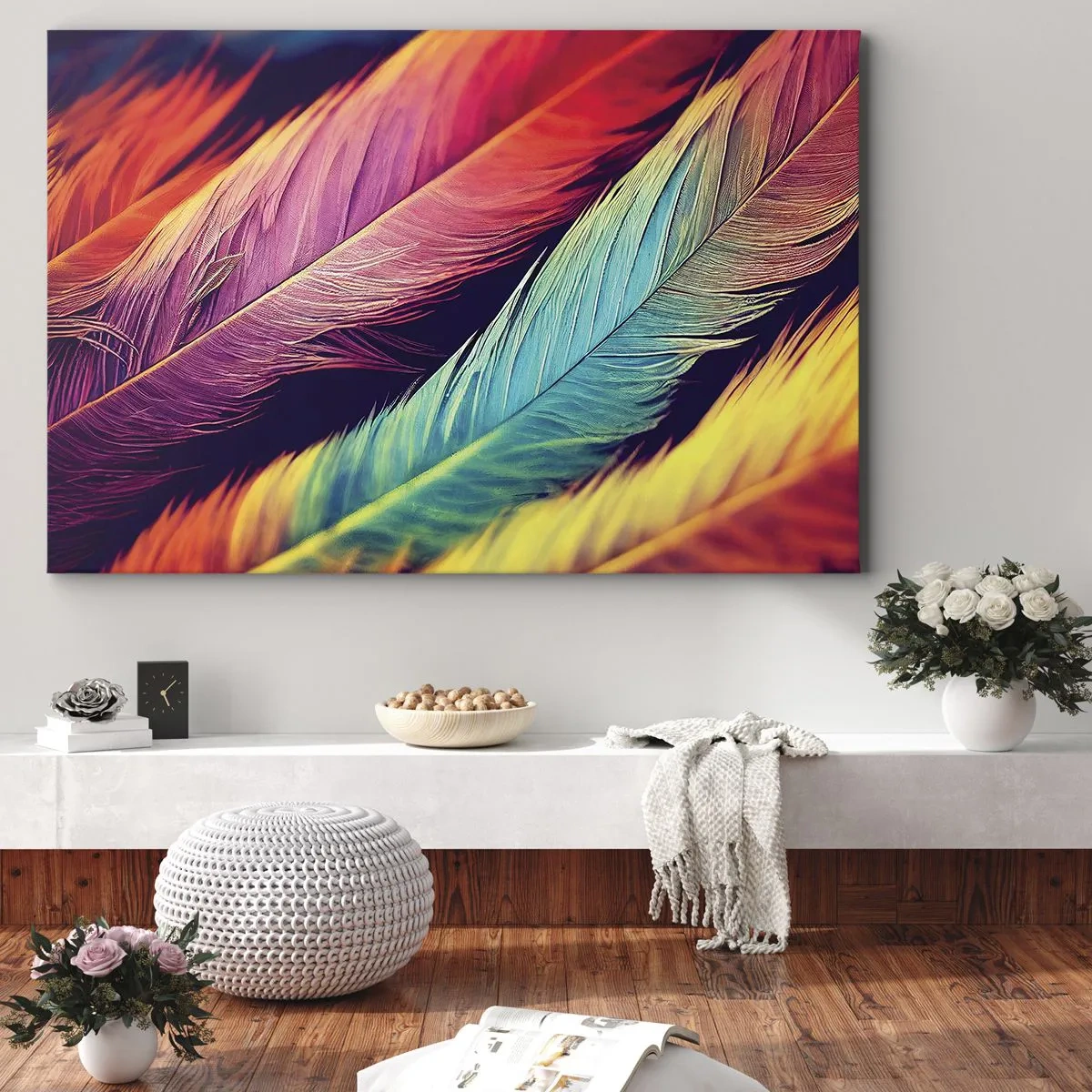 Obraz na plátně - Barevné peří v intenzivních barvách - 70x50cm - Opeřená duha - Moderní nástěnná dekorace do obývacího pokoje a ložnice ARTTOR