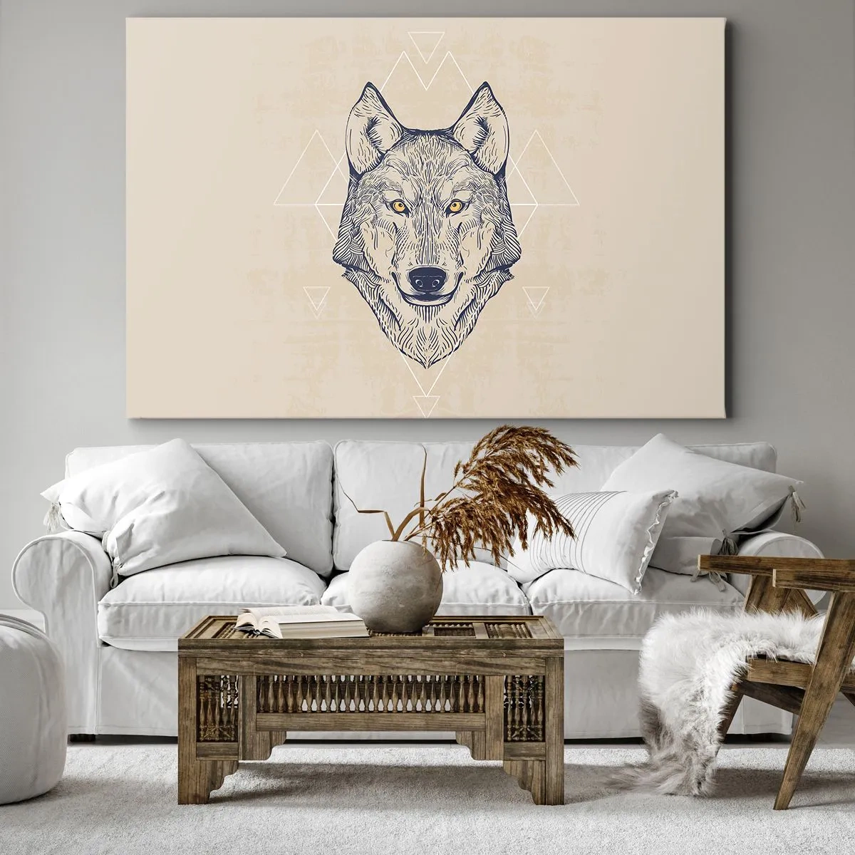 Obraz na plátně - Geometrický vlk na světlém pozadí s minimalistickými vzory. - 70x50cm - Alfa o pronikavém pohledu - Moderní nástěnná dekorace do obývacího pokoje a ložnice ARTTOR