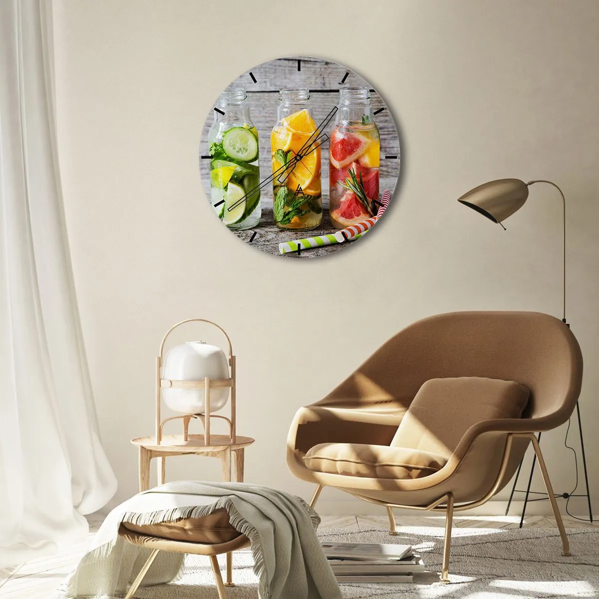 Nástěnné hodiny - Tři lahve vody s ovocnou a bylinkovou příchutí - 30x30cm - Zdravé od přírody - Moderní nástěnná dekorace do obývacího pokoje, kuchyně a ložnice ARTTOR