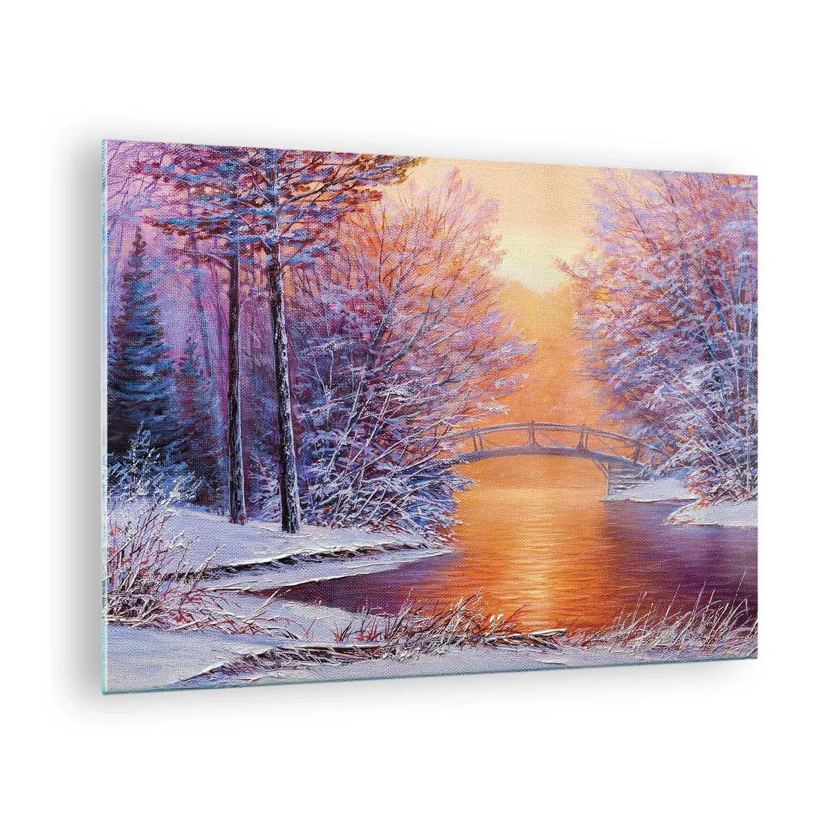 Obraz na skle - Zimní krajina s mostem a zasněženými stromy při západu slunce - 70x50cm - Sejdeme se zde - Moderní nástěnná dekorace do obývacího pokoje a ložnice ARTTOR