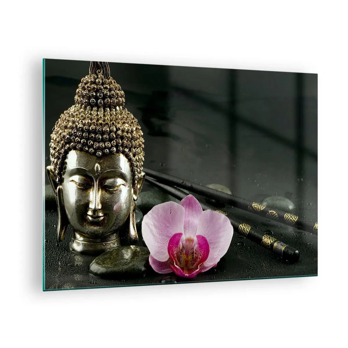 Obraz na skle - Buddhistická hlava s růžovým květem na pozadí kamenů - 70x50cm - Soulad moudrosti a krásy - Moderní nástěnná dekorace do obývacího pokoje a ložnice ARTTOR