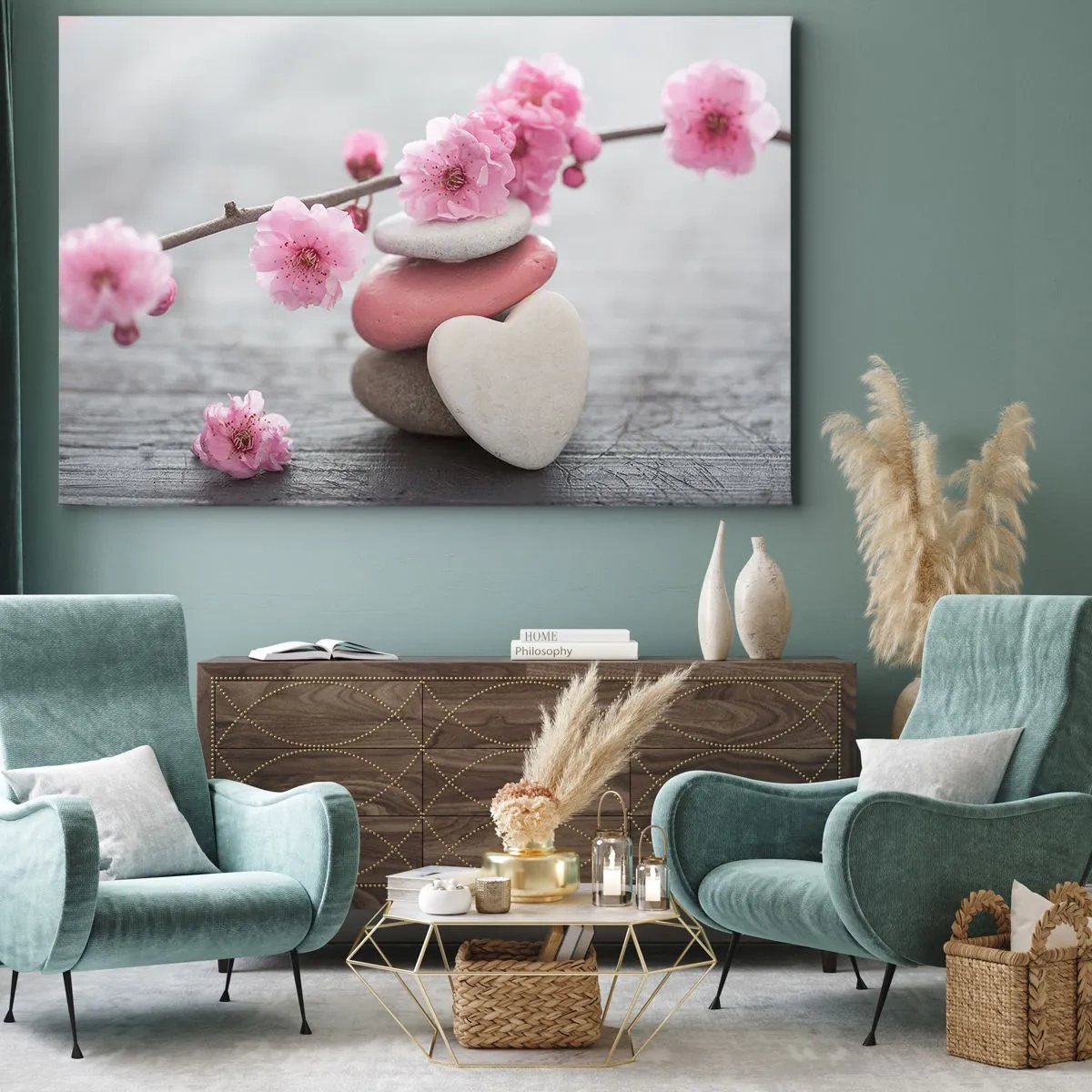 Obraz na plátně - Jemné třešňové květy s kamínky ve tvaru srdce - 70x50cm - Blaženost s višňovým květem - Moderní nástěnná dekorace do obývacího pokoje a ložnice ARTTOR