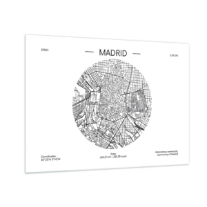 Obraz na skle - Černobílá minimalistická mapa Madridu v kruhovém tvaru. - 70x50cm - Anatomie Madridu - Moderní nástěnná dekorace do obývacího pokoje a ložnice ARTTOR