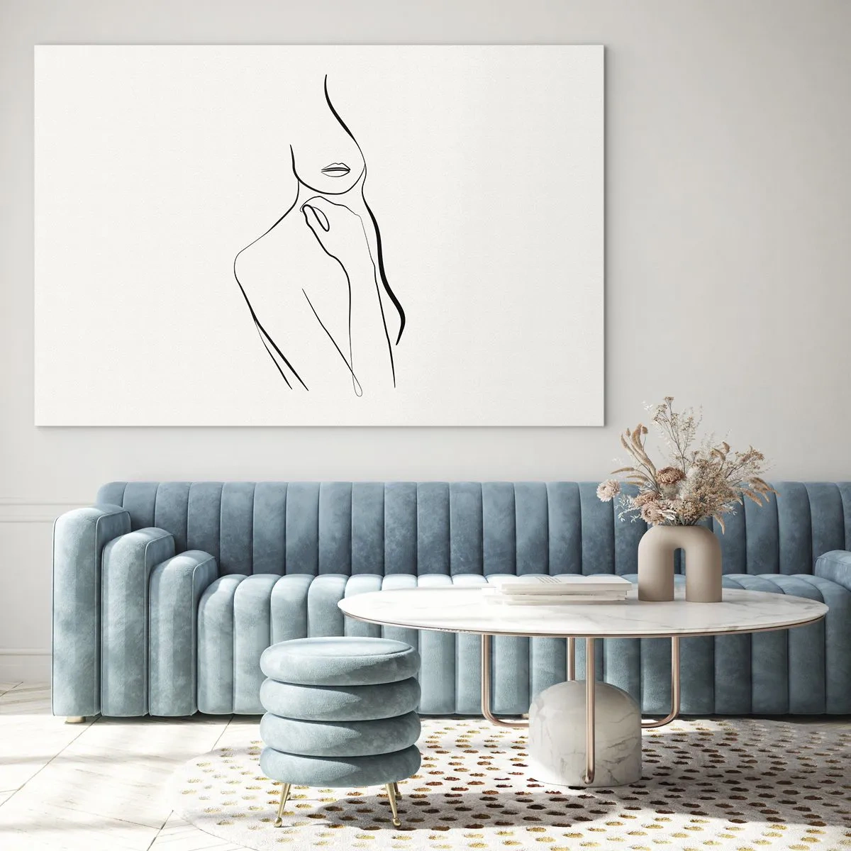 Obraz na skle - Minimalistická linie zobrazující ženskou siluetu na světlém pozadí - 70x50cm - Vlna melancholie - Moderní nástěnná dekorace do obývacího pokoje a ložnice ARTTOR