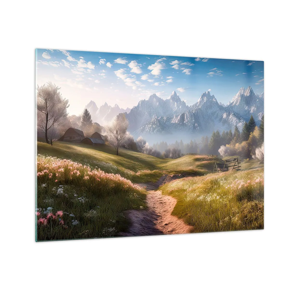 Obraz na skle - Jarní krajina s údolím, květinami a horami v pozadí ráno - 70x50cm - Idylické údolí - Moderní nástěnná dekorace do obývacího pokoje a ložnice ARTTOR