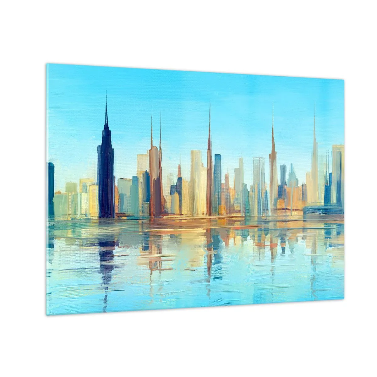 Obraz na skle - Panorama metropole odrážející se ve vodě pod modrou oblohou - 70x50cm - Prosluněná metropole - Moderní nástěnná dekorace do obývacího pokoje a ložnice ARTTOR
