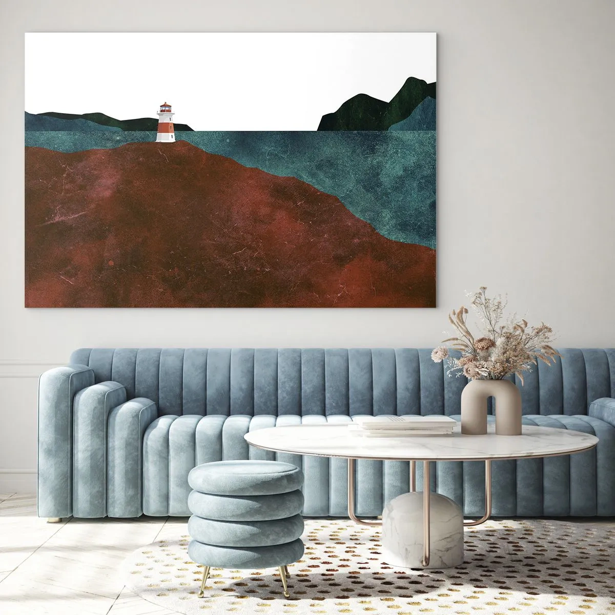 Obraz na skle - Maják na pozadí tyrkysového moře a červených útesů - 70x50cm - Hledící na moře - Moderní nástěnná dekorace do obývacího pokoje a ložnice ARTTOR