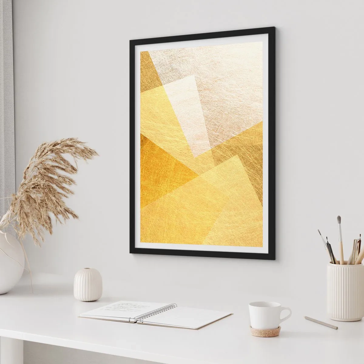 Plakát v černém rámu - Zlatá geometrická abstrakce s kovovým efektem - 50x70cm - Počasí geometrie - Moderní nástěnná dekorace do obývacího pokoje a ložnice ARTTOR