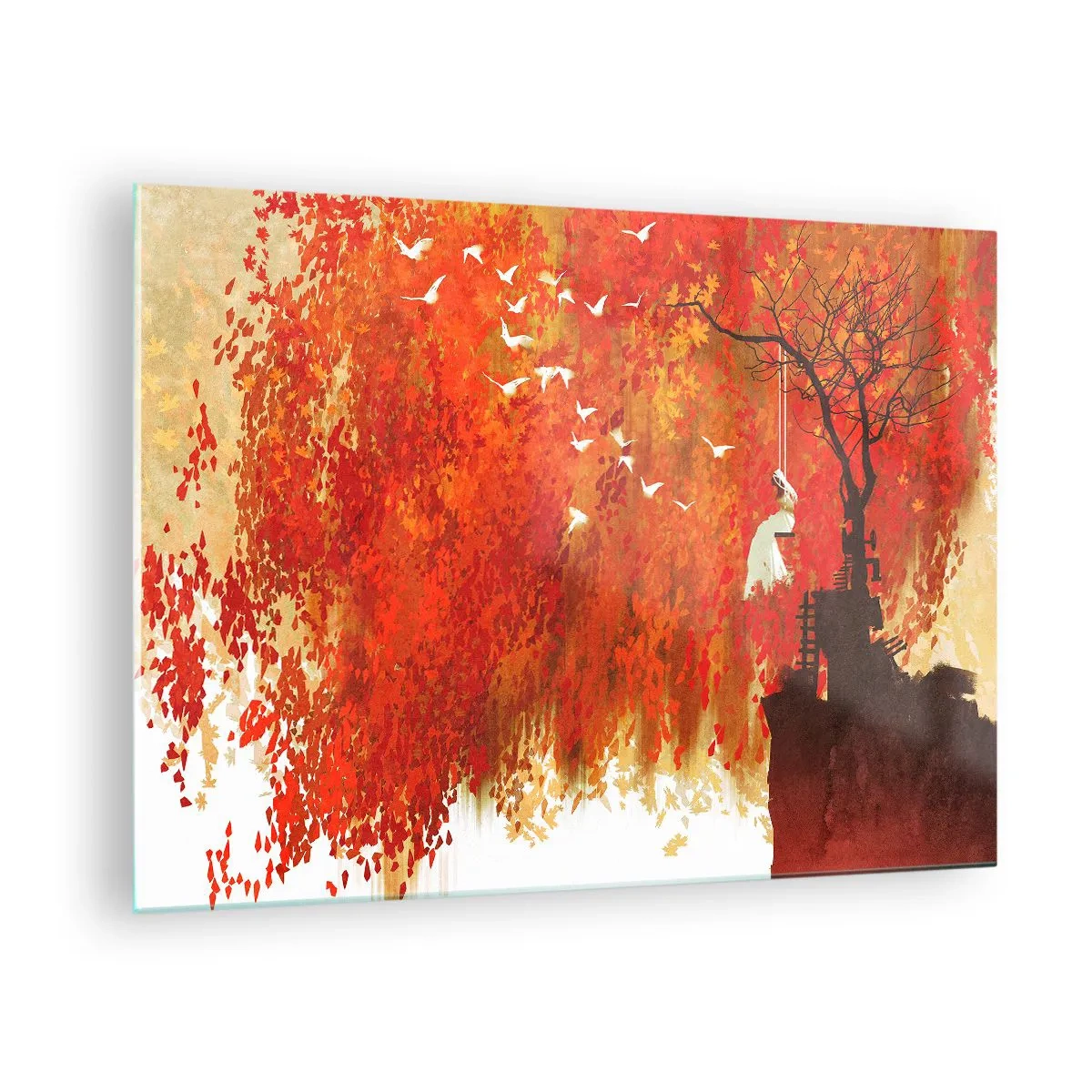 Obraz na skle - Červené listy, osamělý strom a ptáci v podzimní scéně - 70x50cm - Poletí s nimi? - Moderní nástěnná dekorace do obývacího pokoje a ložnice ARTTOR