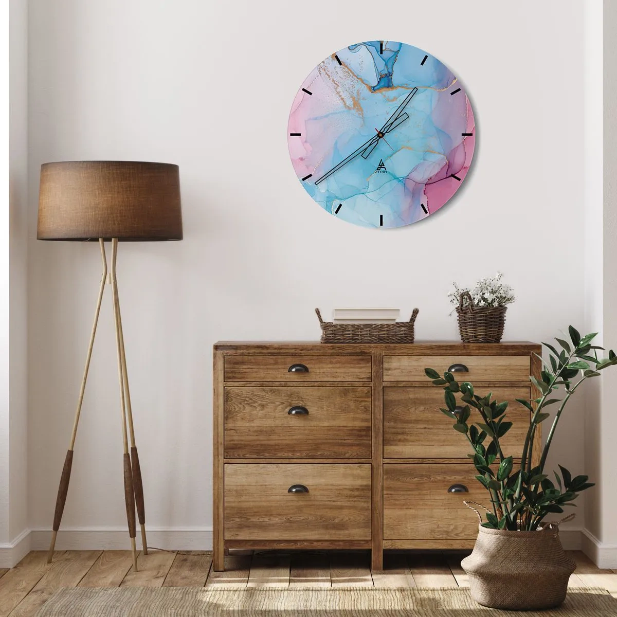 Nástěnné hodiny - Abstrakce v pastelových barvách se zlatými akcenty - 30x30cm - Setkávání a prolínání - Moderní nástěnná dekorace do obývacího pokoje, kuchyně a ložnice ARTTOR