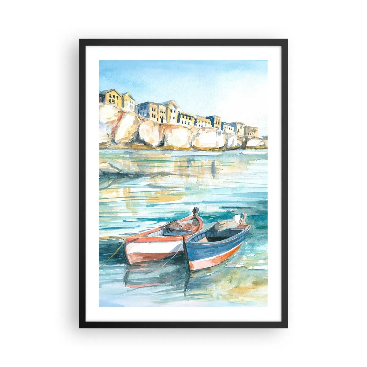 Plakát v černém rámu - Akvarelová krajina s loděmi na vodě a přímořským městem - 50x70cm - Krajina v modří - Moderní nástěnná dekorace do obývacího pokoje a ložnice ARTTOR