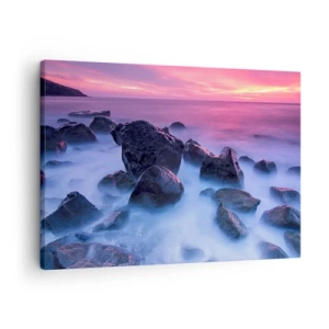 Obraz na plátně - Skalnaté pobřeží při západu slunce - 70x50cm - Narozeniny v lesku a v mlze - Moderní nástěnná dekorace do obývacího pokoje a ložnice ARTTOR