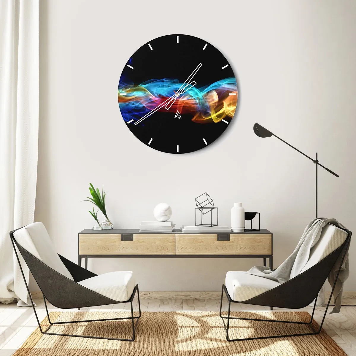 Nástěnné hodiny - Barevné pruhy světla na černém pozadí - 30x30cm - Duhový tanec mlhy - Moderní nástěnná dekorace do obývacího pokoje, kuchyně a ložnice ARTTOR