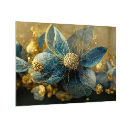 Obraz na skle - Modré a zlaté květy s luxusním nádechem - 70x50cm - Rozkvést zlatem - Moderní nástěnná dekorace do obývacího pokoje a ložnice ARTTOR