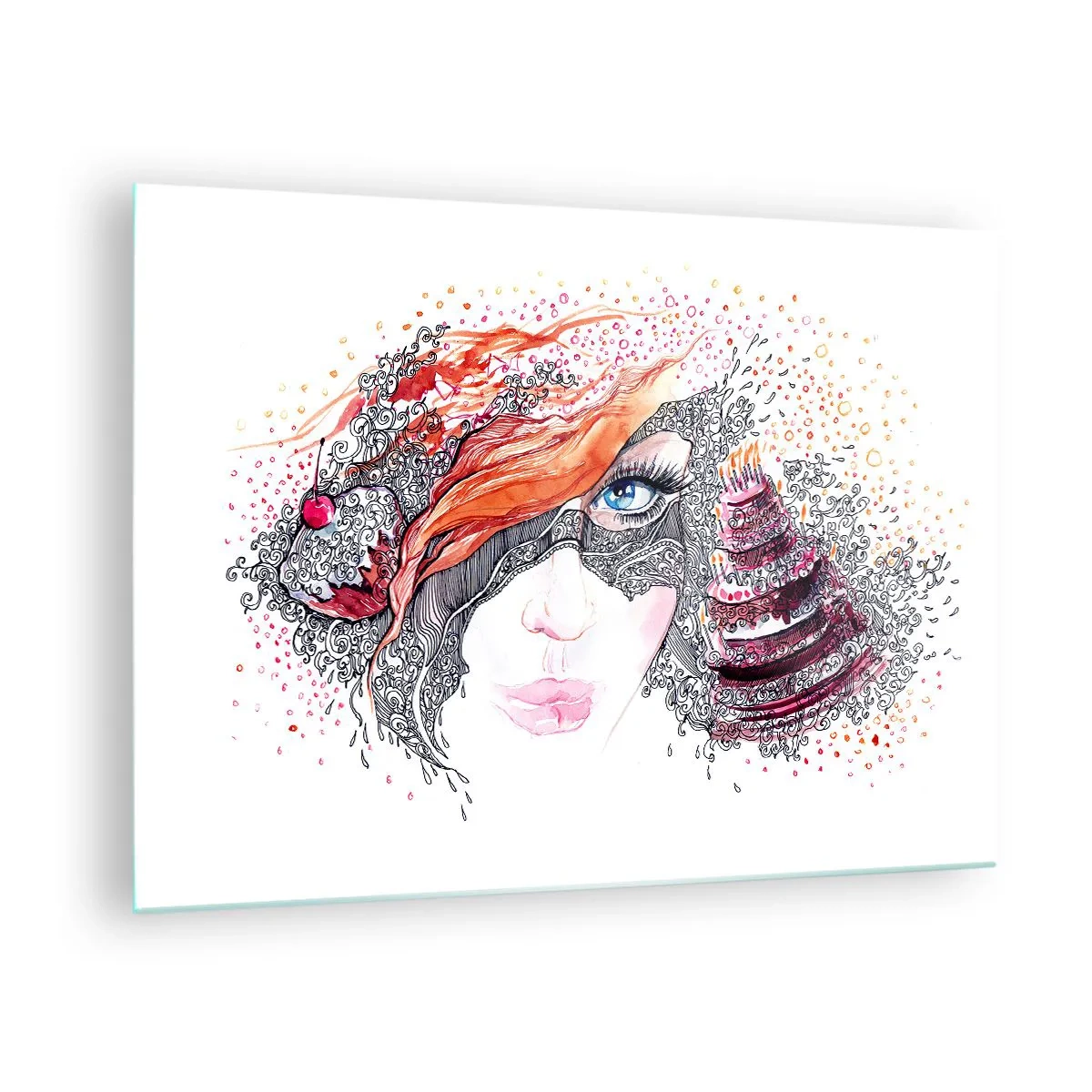 Obraz na skle - Portrét ženy s dynamickými vzory a červenými akcenty - 70x50cm - S ní je každý den svátek - Moderní nástěnná dekorace do obývacího pokoje a ložnice ARTTOR