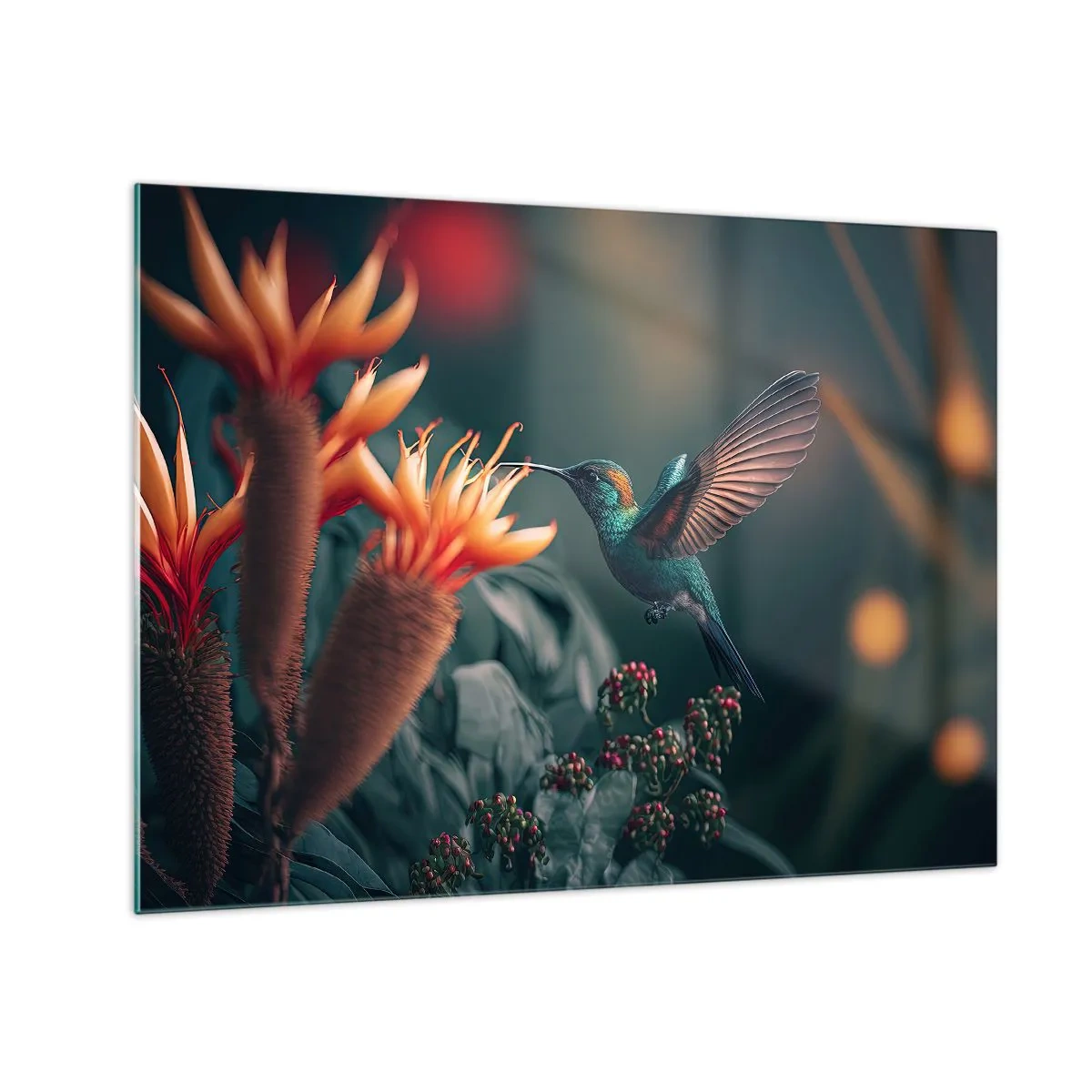 Obraz na skle - Kolibřík se vznáší nad exotickými květinami mezi listy. - 70x50cm - Skutečně pestrý život - Moderní nástěnná dekorace do obývacího pokoje a ložnice ARTTOR