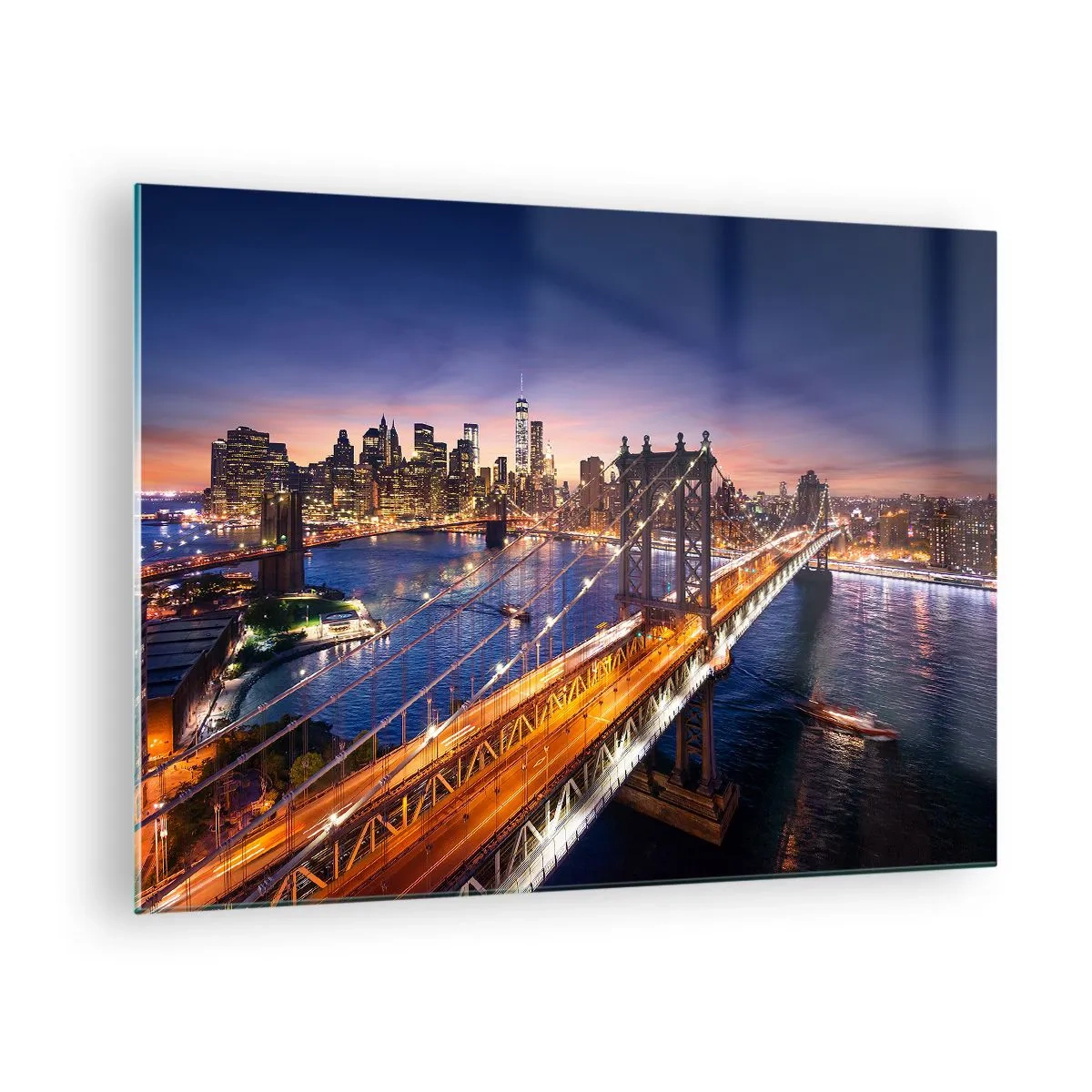 Obraz na skle - Most na pozadí večerního panoramatu města s osvětlenými mrakodrapy - 70x50cm - Zářící most do srdce města - Moderní nástěnná dekorace do obývacího pokoje a ložnice ARTTOR