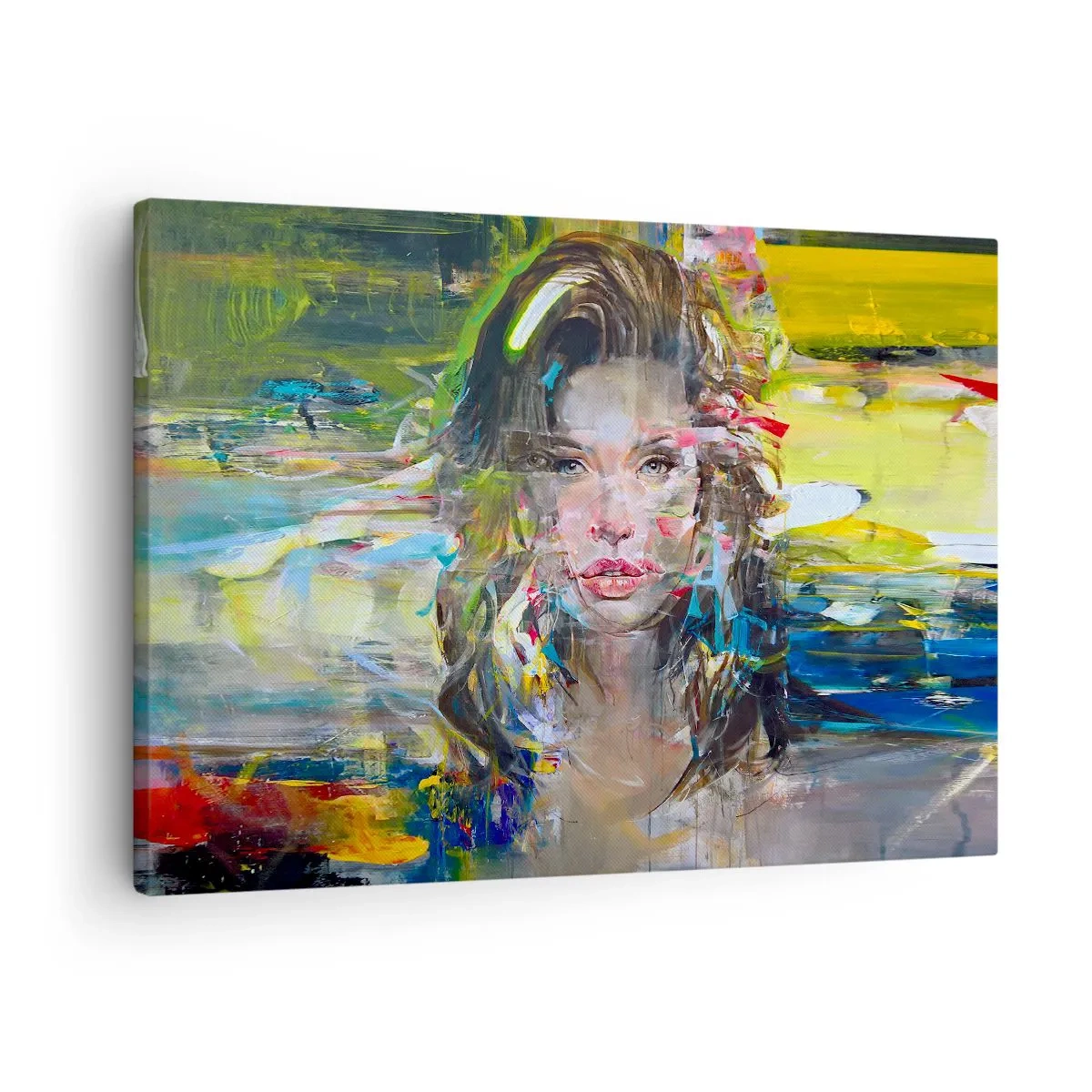 Obraz na plátně - Abstraktní portrét ženy v intenzivních barvách - 70x50cm - Za závojem vzduchu - Moderní nástěnná dekorace do obývacího pokoje a ložnice ARTTOR