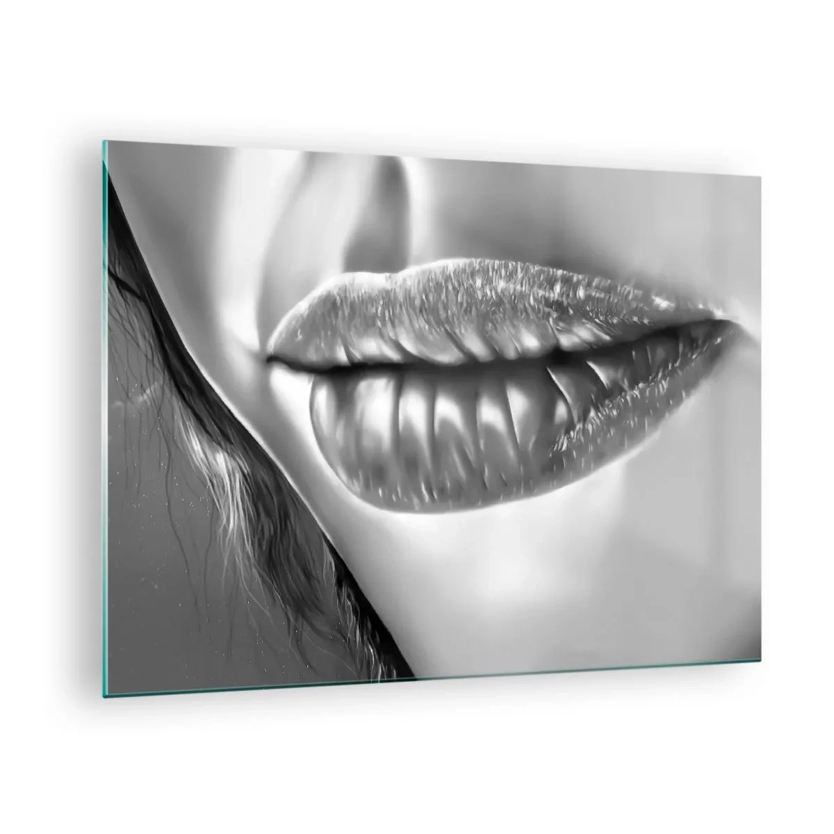 Obraz na skle - Smyslné ženské rty v monochromatických tónech - 70x50cm - Vím, na co myslíš… - Moderní nástěnná dekorace do obývacího pokoje a ložnice ARTTOR