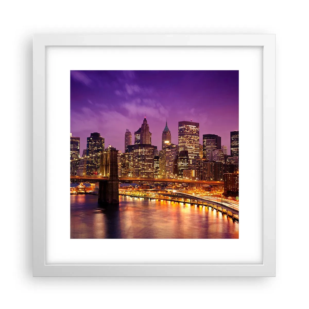 Plakát v bílém rámu - Fialovo-zlatý Manhattan - 30x30 cm