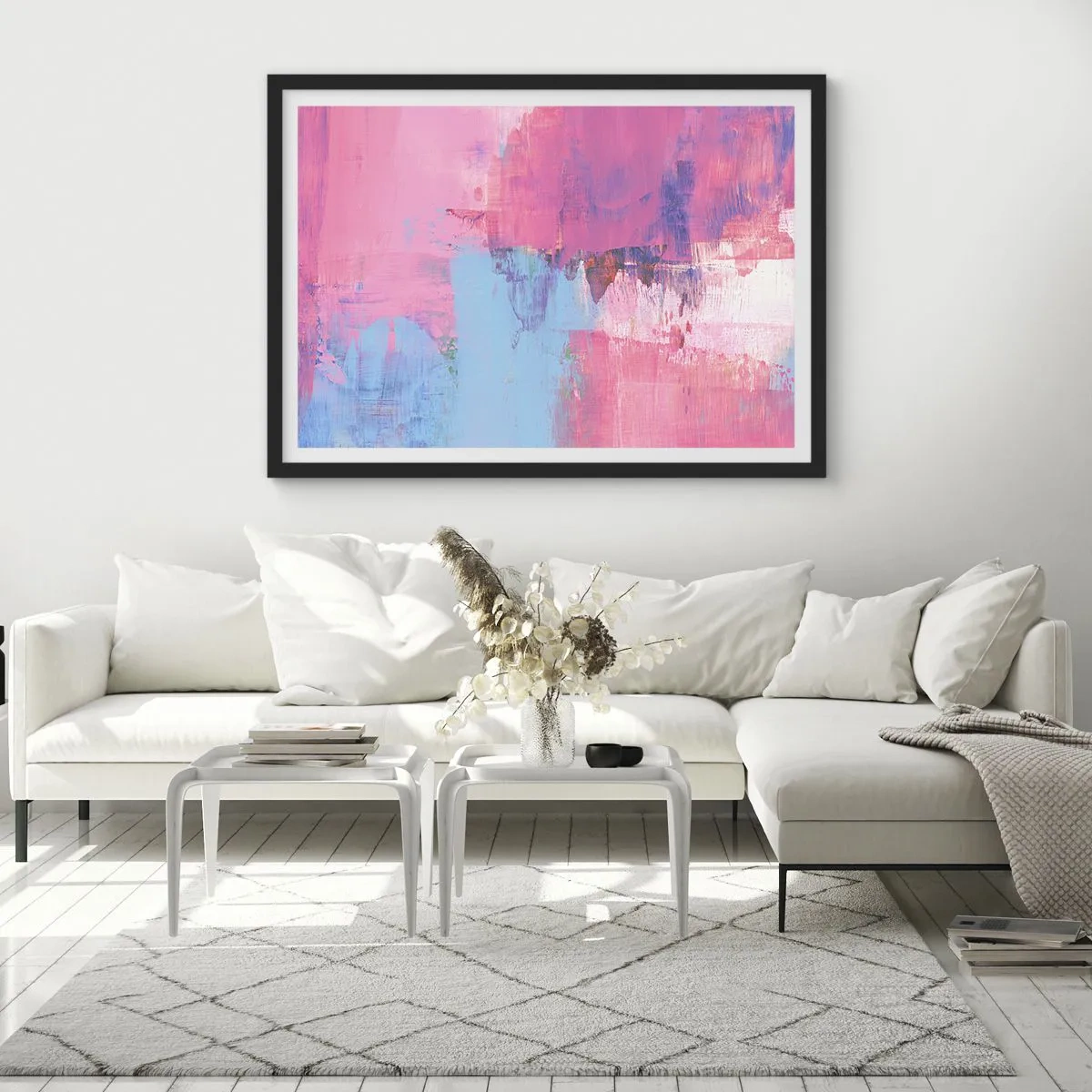 Plakát v černém rámu - Růžová, modrá a špetka světla - 70x50 cm