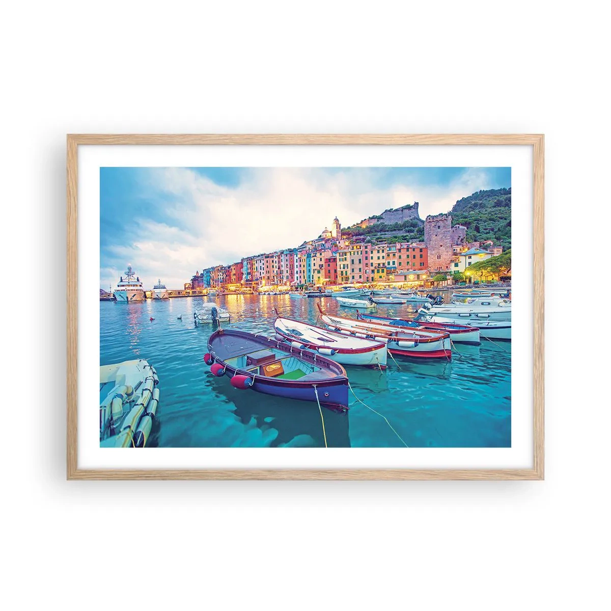 Plakát v rámu světlý dub - Barevný večer v přístavu - 70x50 cm