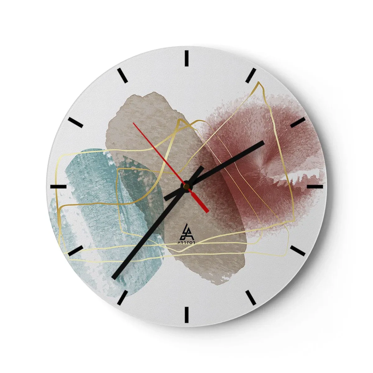 Nástěnné hodiny - Barevné akvarelové cákance a zlaté linky na bílém pozadí - 30x30cm - Korálky prostoru - Moderní nástěnná dekorace do obývacího pokoje, kuchyně a ložnice ARTTOR
