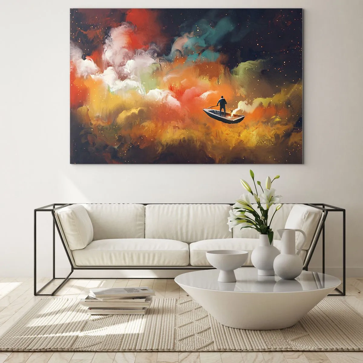 Obraz na skle - Postava na lodi plující mezi barevnými galaktickými mraky - 70x50cm - Lodí galaxií - Moderní nástěnná dekorace do obývacího pokoje a ložnice ARTTOR